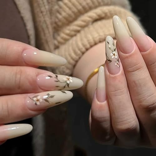 24STK Lang Press on Nails Almond Künstliche Nägel Nude Rosa Ombre Fingernägel zum Aufkleben Blume Leaf Klebe Nägel Set Acrylnagelspitzen Damen Frühling Sommer Nagel Zubehör von Zmupl