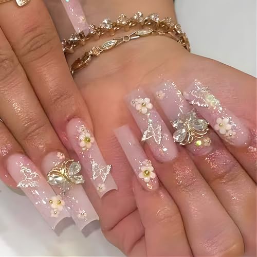24STK Lang Press on Nails Rosa Künstliche Nägel Glitzer Silber Fake Nail 3D Blume Schmetterling Strass Klebe Nägel Set Acrylnagelspitzen Damen Frühling Sommer Nagel Zubehör von Zmupl