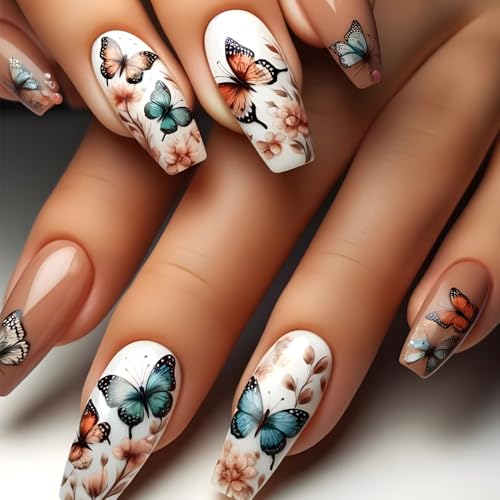 24STK Lang Press on Nails Sarg Künstliche Nägel Schmetterling Blume Fingernägel zum Aufkleben Weiß Braun Klebe Nägel Set Acrylnagelspitzen Damen Frühling Sommer Nagel Zubehör von Zmupl