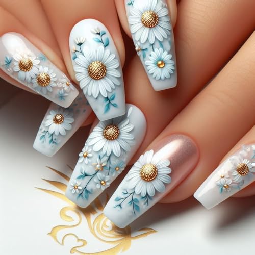 24STK Lang Press on Nails Sarg Künstliche Nägel Weiß Daisy Blume Fingernägel zum Aufkleben Glitzer Rosa Klebe Nägel Set Acrylnagelspitzen Damen Frühling Sommer Nagel Zubehör von Zmupl