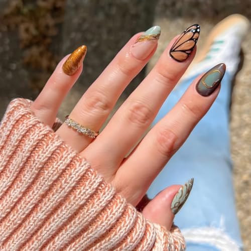 24STK Mittellange Almond Press on Nails Lake Blau Künstliche Nägel Schmetterling Fingernägel zum Aufkleben Glitzer Gold Klebe Nägel Set Acrylnagelspitzen Damen Frühling Sommer Nagel Zubehör von Zmupl