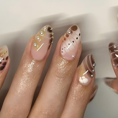 24STK Mittellange Press on Nails Almond Künstliche Nägel Alligator Print Fingernägel zum Aufkleben Perle Klebe Nägel Set Acrylnagelspitzen Accessories für Damen von Zmupl