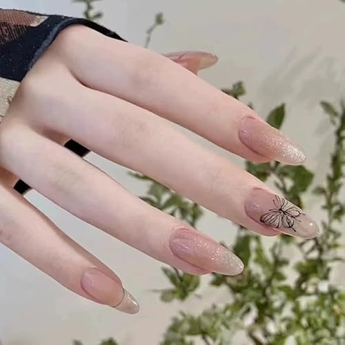 24STK Mittellange Press on Nails Glitzer Silber Künstliche Nägel Nude Fingernägel zum Aufkleben Schmetterling Klebe Nägel Set Acrylnagelspitzen Damen Frühling Sommer Nagel Zubehör von Zmupl
