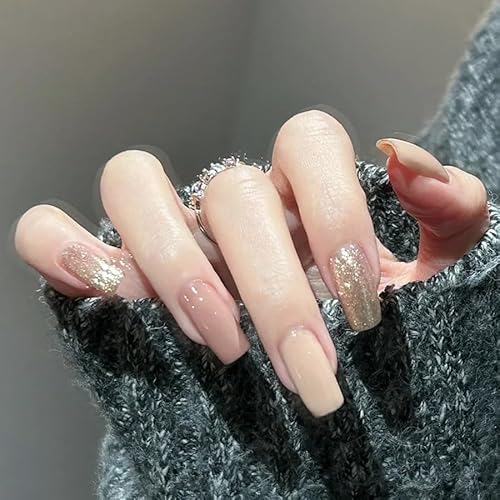 24STK Mittellange Press on Nails Sarg Künstliche Nägel Nude Rosa Fingernägel zum Aufkleben Glitzer Gold Klebe Nägel Set Acrylnagelspitzen Damen Frühling Sommer Nagel Zubehör von Zmupl