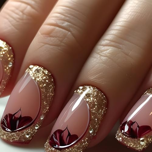 24STK Mittellange Press on Nails Square Künstliche Nägel Glitzer Gold Fingernägel zum Aufkleben Blume Klebe Nägel Set Acrylnagelspitzen Damen Frühling Sommer Nagel Zubehör von Zmupl