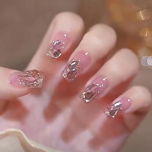 24STK Mittellange Press on Nails Square Künstliche Nägel Nude Rosa Glitzer Gold Fingernägel zum Aufkleben 3D Sparkly Strass Klebe Nägel Set Acrylnagelspitzen Damen Frühling Sommer Nagel Zubehör von Zmupl