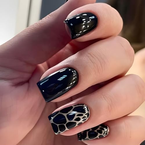 24STK Mittellange Press on Nails Square Künstliche Nägel Schwarz Fingernägel zum Aufkleben Leopard Muster Klebe Nägel Set Acrylnagelspitzen Accessories für Damen von Zmupl