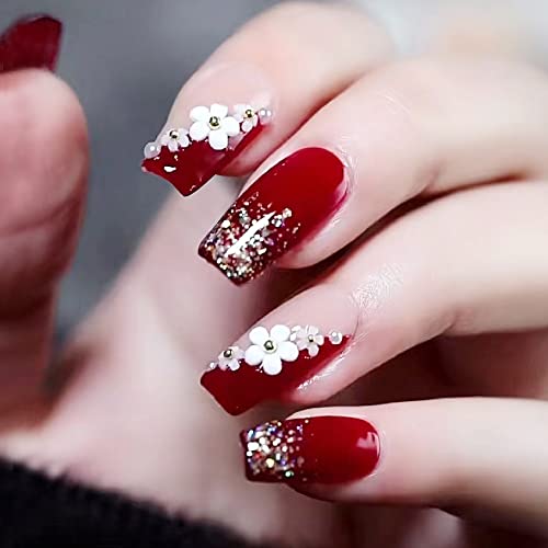 24STK Mittellange Sarg Press on Nails Bordeaux Rot Künstliche Nägel Glitzer Sequin Fingernägel zum Aufkleben Weiß Blume Klebe Nägel Set Acrylnagelspitzen Damen Frühling Sommer Nagel Zubehör von Zmupl