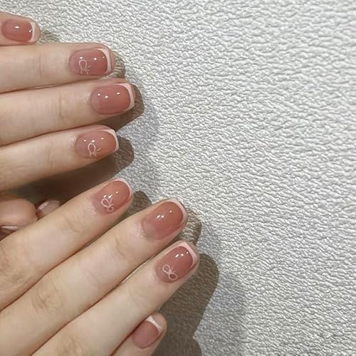 24STK French Press on Nails Kurz Künstliche Nägel Fingernägel zum Aufkleben Weiß Schleife Braun Rot Ombre Fake Nails Klebe Nägel Spitzen Abnehmbare Drucknägel Damen Nagel Zubehör von Zmupl
