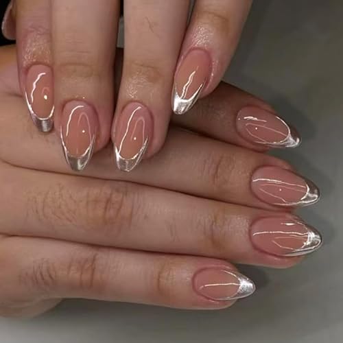 24STK French Press on Nails Kurz Mandelform Silber Künstliche Nägel Fingernägel zum Aufkleben Fake Nails Klebe Nägel Spitzen Abnehmbare Drucknägel Damen Nagel Zubehör von Zmupl