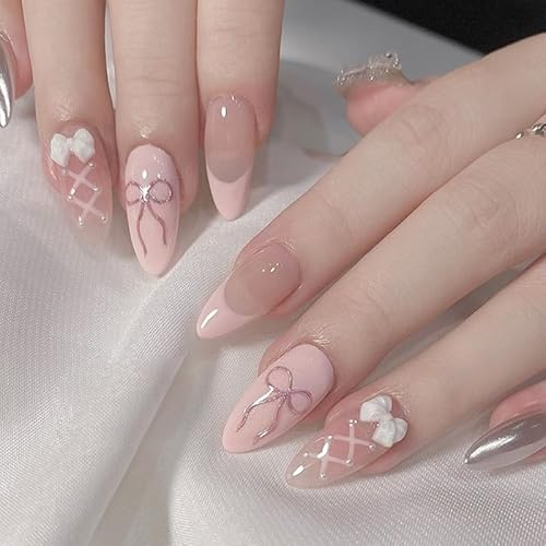 24STK Press on Nails Kurz French Künstliche Nägel Glitzer Gold Rosa Fingernägel zum Aufkleben Schleife Mutter Fake Nails Klebe Nägel Set Acrylnagelspitzen Damen Nagel Zubehör von Zmupl