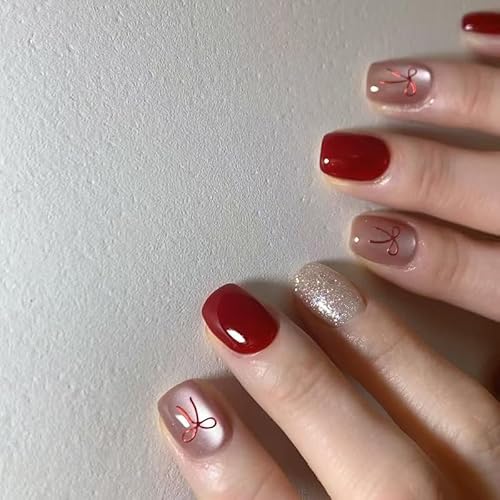 24STK Press on Nails Kurz Square, Cat Eye Künstliche Nägel Fingernägel zum Aufkleben, Rot Glitzer Gold Kunstnägel Fake Nails Klebe Nägel Acrylnagelspitz Damen Nagel Zubehör von Zmupl