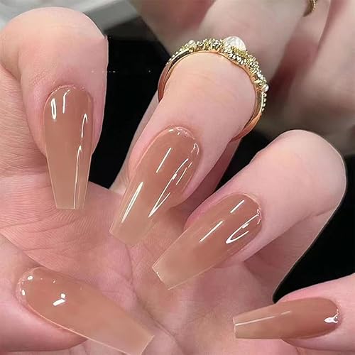 24STK Press on Nails Lang Sargförm, Hellbraun Ombre Fingernägel zum Aufkleben, Künstliche Ballerina Fake Nails Klebe Set, Nagelspitzen Abnehmbare Drucknägel Damen Nagelkunst Zubehör von Zmupl