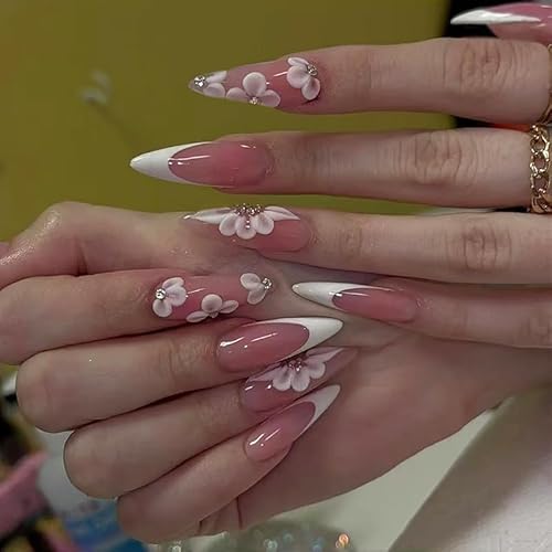 24STK Press on Nails Lang Stiletto Nägel Weiß French Nails Fingernägel zum Aufkleben Künstliche Nägel Blumen Strassstein Fake Nails Klebe Nägel Set Acrylnagelspitzen Damen Nagelkunst Zubehör von Zmupl