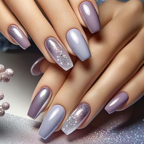 24STK Press on Nails Lange Sarg, Glitter Lila Ombre Künstliche Nägel Fingernägel zum Aufkleben, Kunstnägel Blumenranke Fake Nails Klebe Nägel Set Acrylnagelspitzen Damen Nagel Zubehör von Zmupl