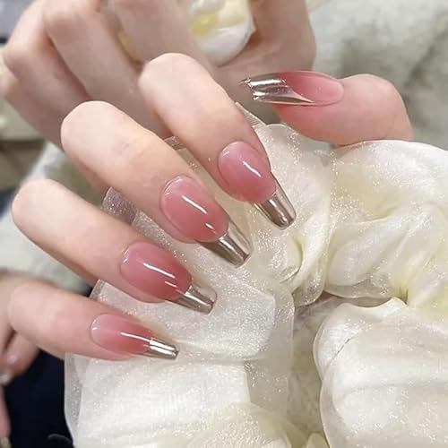 24STK Press on Nails Lange Sarg, Schimmer Silber French Nails, Rosa Ombre Künstliche Nägel Fingernägel zum Aufkleben, Kunstnägel Fake Nails Klebe Nägel Acrylnagelspitzen Damen Nagel Zubehör von Zmupl