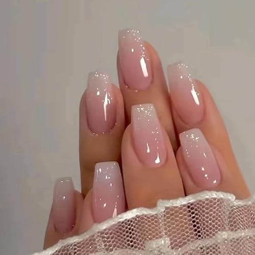 24STK Press on Nails Mittellang Sargförm, Glitzer Rosa Ombre Nägel Fingernägel zum Aufkleben Künstliche Nägel Fake Nails Klebe Nägel Nagelspitzen Abnehmbare Drucknägel Damen Nagel Zubehör von Zmupl