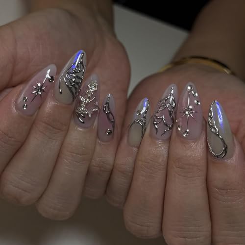 24STK Press on Nails Mittellange Almond, Lila Ombre Künstliche Nägel Fingernägel zum Aufkleben, 3D Silber Schmetterling Kunstnägel Stern Fake Nails Klebe Nägel Acrylnagelspitzen Damen Nagel Zubehör von Zmupl
