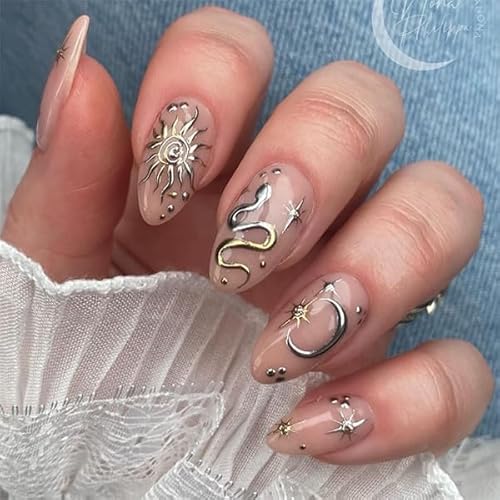 24STK Press on Nails Mittellange Almond, Rosa Künstliche Nägel Fingernägel zum Aufkleben, 3D Schlange Mond Stern Kunstnägel Stern Fake Nails Klebe Nägel Acrylnagelspitzen Damen Nagel Zubehör von Zmupl