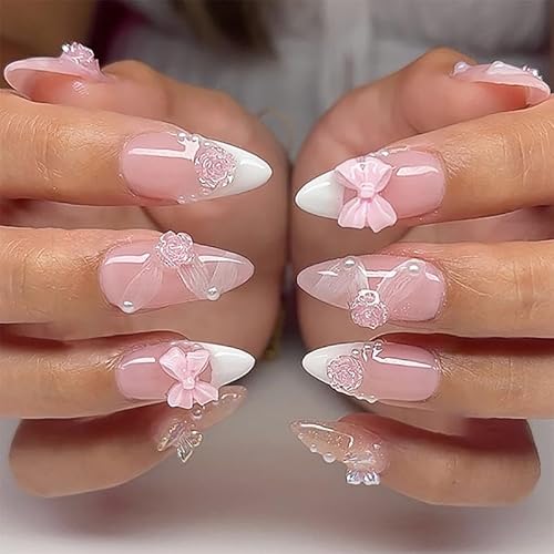 24STK Press on Nails Mittellange Almond, Weiß French Nails, Rosa Künstliche Nägel Fingernägel zum Aufkleben, 3D Schleife Blumen Kunstnägel Fake Nails Klebe Nägel Acrylnagelspitz Damen Nagel Zubehör von Zmupl