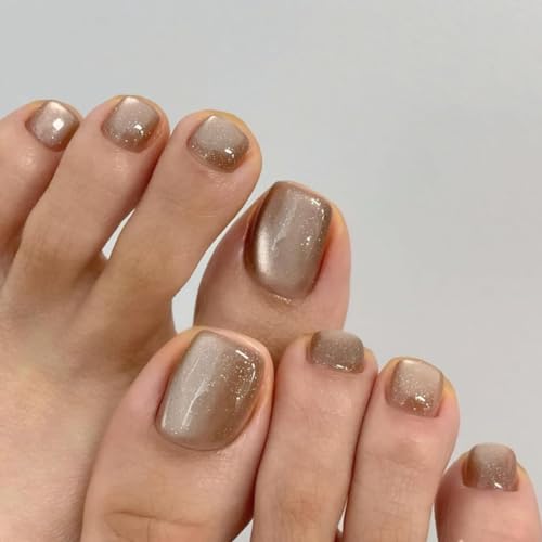 24STK Quadrat Fußnägel Tips Cat Eye Press on Toenails, Braun Fußnägel zum Aufkleben, Künstliche Fussnägel zum Kleben Fake Toenails Klebe Zehennägel Set Acrylnagelspitz Damen Zehennägel Zubehör von Zmupl