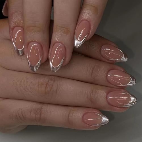 30STK French Press on Nails Kurz Almond Künstliche Nägel Silber Rand Fingernägel zum Aufkleben Nude Rosa Klebe Nägel Set Acrylnagelspitzen Damen Frühling Sommer Nagel Zubehör von Zmupl