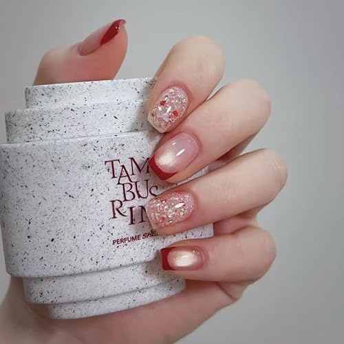 30STK French Press on Nails Kurz Square Rot Künstliche Nägel Nude Rosa Cat Eye Fingernägel zum Aufkleben Glitzer Confetti Klebe Nägel Set Acrylnagelspitzen Damen Frühling Sommer Nagel Zubehör von Zmupl