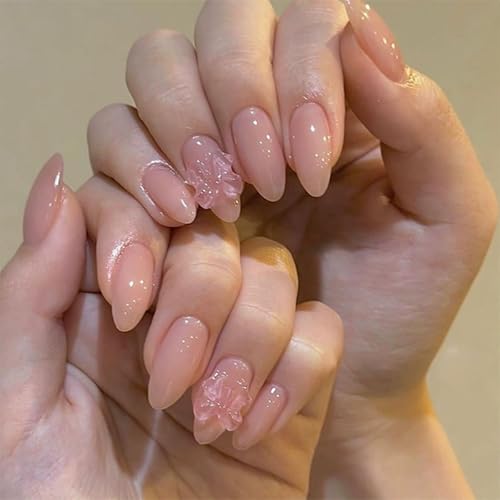 30STK Kurz Almond Press on Nails Nude Rosa Künstliche Nägel 3D Schleife Fingernägel zum Aufkleben Klebe Nägel Set Acrylnagelspitzen Damen Frühling Sommer Nagel Zubehör von Zmupl