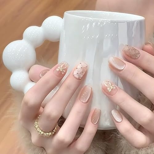 30STK Kurz Sarg Press on Nails Cat Eye Künstliche Nägel Nude Rosa Fingernägel zum Aufkleben Schleife Strass Klebe Nägel Set Acrylnagelspitzen Damen Frühling Sommer Nagel Zubehör von Zmupl