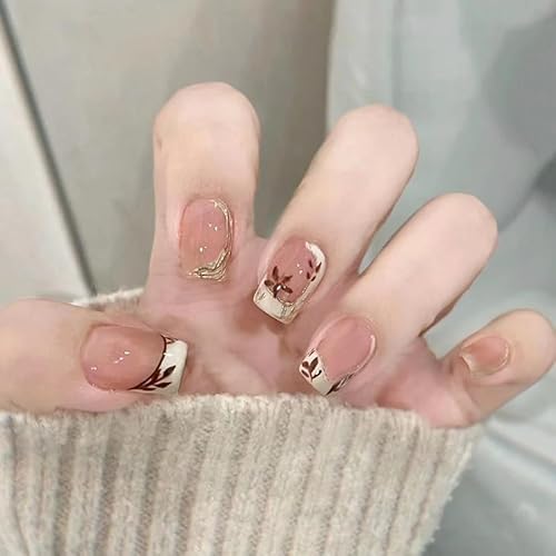 30STK Press on Nails Kurz Sarg, Beige French Nails, Gold Rot Blumen Künstliche Nägel Fingernägel zum Aufkleben, Künstnägel Fake Nails Klebe Nägel Set Acrylnagelspitz Damen Nagel Zubehör von Zmupl