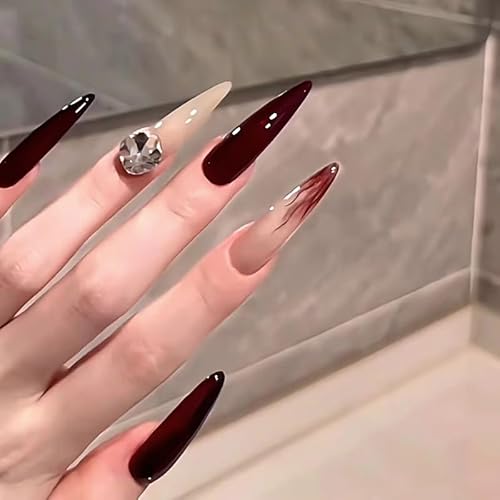 30STK Press on Nails Lange Stiletto, Burgund Rot Ombre Künstliche Nägel Fingernägel zum Aufkleben, Kunstnägel Nude Fake Nails Klebe Nägel Set Acrylnagelspitzen Damen Nagel Zubehör von Zmupl