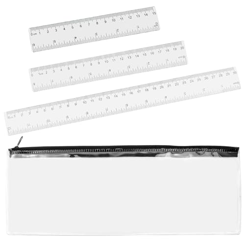 1 x transparentes Federmäppchen, mit Lineal, 15, 20, 30 cm, transparentes Federmäppchen, schwarzer Reißverschluss, langes Federmäppchen, Kunststoff-Lineal, Schreibwarenlineal für Prüfung, Schule, von Zngou