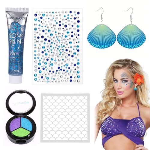 5 Stück Meerjungfrau Schminke,Schuppen Schablonen+Chunky Sequins Glitter Gel+Ohrringe in Muschelform+Blau Glitzersteine Gesicht Selbstklebend+Meerjungfrau Face Paint,für Karneval oder Club Cosplay von Znnhnn