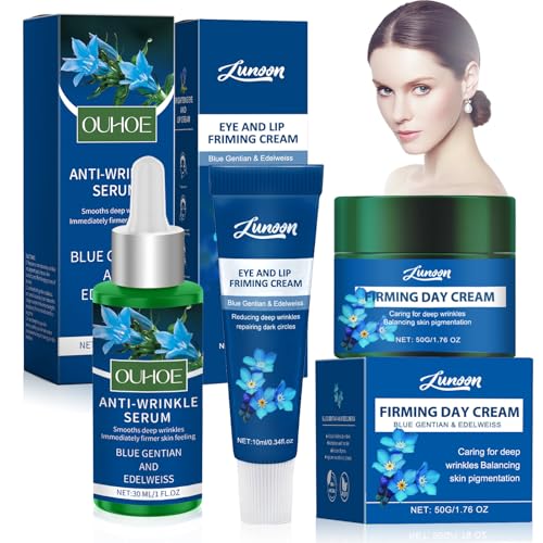 Blauer Enzian Set 3 Stück, Bio Festigende Tagespflege, Bio Anti Falten Serum und Anti Falten Augenpflege & Lippenpflege, Blauer Enzian & Edelweiß, Anti Aging Creme Frauen, für Alle Hauttypen Blauer Enzian Set 3 Stück, Bio Festigende Tagespflege, Bio Anti Falten Serum und Anti Falten Augenpflege & Lippenpflege, Blauer Enzian & Edelweiß, Anti Aging Creme Frauen, für Alle Hauttypen von Znnhnn