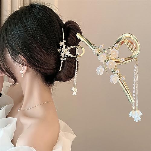 Haarschmuck for Damen, Bananen-Haarspangen, exquisite Lotus-Haarnadeln, weibliche Hinterkopf-Greifklammer, Quasten-Haarklammer, Fangklammer, Hanfu-Stil, Kopfschmuck, groß (Color : D) von ZoRHac