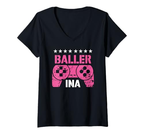 Damen Gamerin Ballerina I lustiges Zockerin Shirt Mädchen Girls T-Shirt mit V-Ausschnitt von Zocker Computerspiele Geschenke Frauen Damen