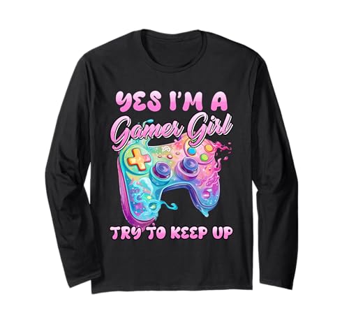 Zocken Kinder YES I'M A GAMER GILR KEEP UP Lustiges Langarmshirt von Zocker Geschenk Gamer Mädchen Shirt Gaming Kinder