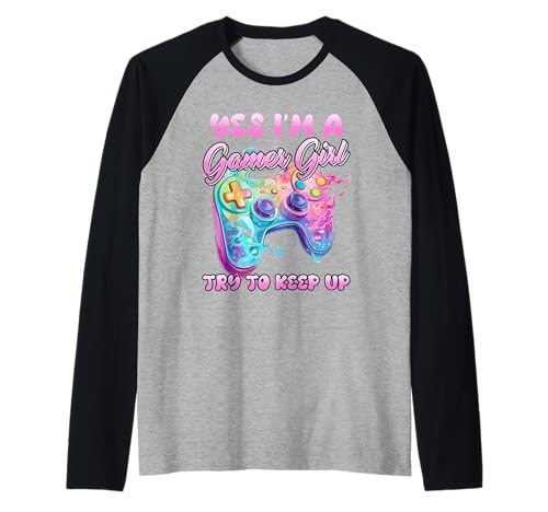 Zocken Kinder YES I'M A GAMER GILR KEEP UP Lustiges Raglan von Zocker Geschenk Gamer Mädchen Shirt Gaming Kinder
