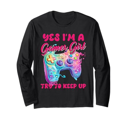 Zocken Kinder YES I'M A GAMER GILR KEEP UP Mädchen Langarmshirt von Zocker Geschenk Gamer Mädchen Shirt Gaming Kinder