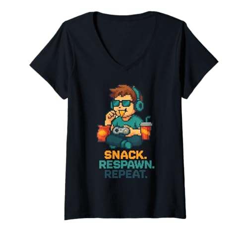 Damen Zocker Shirt – SNACKEN. RESPAWNEN. WIEDERHOLEN. T-Shirt mit V-Ausschnitt Damen Zocker Shirt – SNACKEN. RESPAWNEN. WIEDERHOLEN. T-Shirt mit V-Ausschnitt von Zocker Shirt