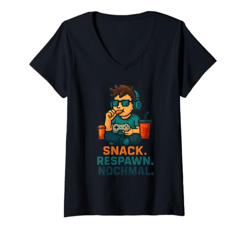 Damen Zocker Shirt – SNACKEN. RESPAWNEN. WIEDERHOLEN. T-Shirt mit V-Ausschnitt Damen Zocker Shirt – SNACKEN. RESPAWNEN. WIEDERHOLEN. T-Shirt mit V-Ausschnitt von Zocker Shirt