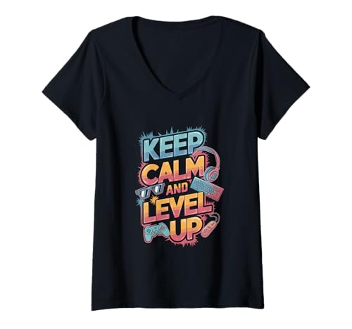 Damen Sohn Keep Calm Level up Gamer Gaming Junge Zocker T-Shirt mit V-Ausschnitt Damen Sohn Keep Calm Level up Gamer Gaming Junge Zocker T-Shirt mit V-Ausschnitt von Zocker und Zocken Designs für Jungs