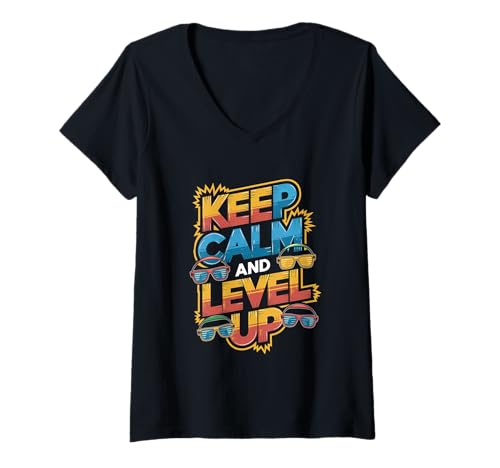 Damen Sohn Keep Calm Level up Gamer Gaming Junge Zocker T-Shirt mit V-Ausschnitt Damen Sohn Keep Calm Level up Gamer Gaming Junge Zocker T-Shirt mit V-Ausschnitt von Zocker und Zocken Designs für Jungs