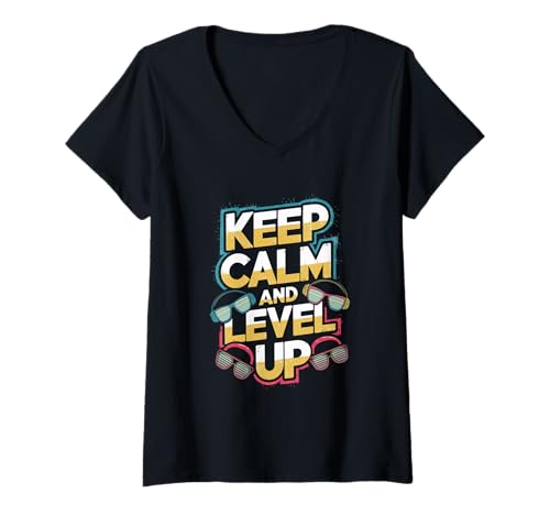 Damen Sohn Keep Calm Level up Gamer Gaming Junge Zocker T-Shirt mit V-Ausschnitt Damen Sohn Keep Calm Level up Gamer Gaming Junge Zocker T-Shirt mit V-Ausschnitt von Zocker und Zocken Designs für Jungs