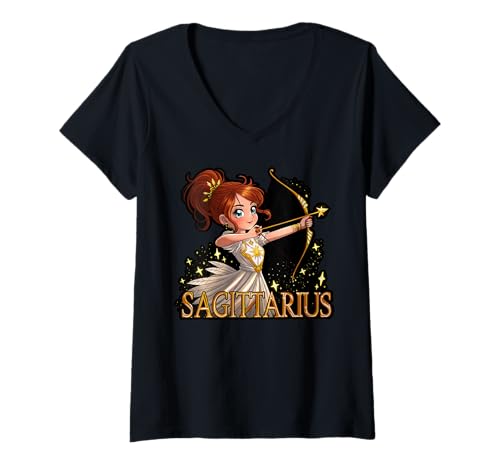 Damen Anime Schütze Sternzeichen Mädchen Bogenschütze T-Shirt mit V-Ausschnitt Damen Anime Schütze Sternzeichen Mädchen Bogenschütze T-Shirt mit V-Ausschnitt von Zodiac Anime Sagittarius