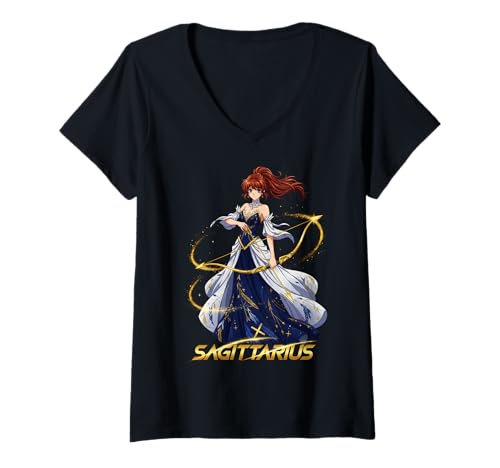 Damen Anime Schütze Sternzeichen Mädchen Bogenschütze T-Shirt mit V-Ausschnitt Damen Anime Schütze Sternzeichen Mädchen Bogenschütze T-Shirt mit V-Ausschnitt von Zodiac Anime Sagittarius
