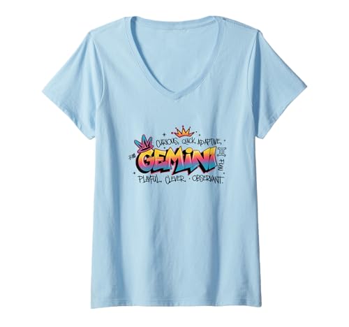 Damen Zwillingskrone, lebendige Sternzeichen-Energie T-Shirt mit V-Ausschnitt Damen Zwillingskrone, lebendige Sternzeichen-Energie T-Shirt mit V-Ausschnitt von Zodiac Astrology Horoscope Symbol