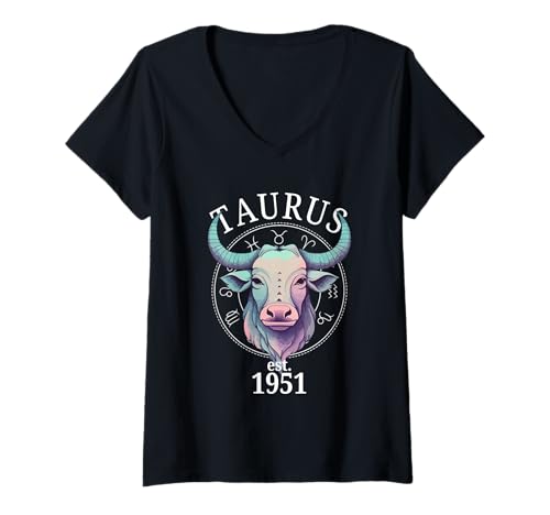 Damen Sternzeichen Stier Stier Geboren 1951 T-Shirt mit V-Ausschnitt Damen Sternzeichen Stier Stier Geboren 1951 T-Shirt mit V-Ausschnitt von Zodiac Calendar Taurus