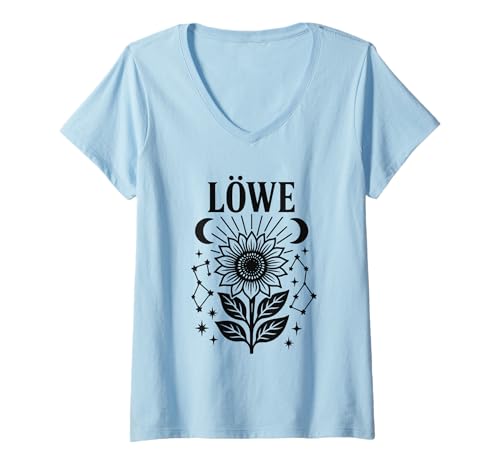 Damen Löwe Sternzeichen – Sonnenblume, Mondphasen & Sternbilder T-Shirt mit V-Ausschnitt Damen Löwe Sternzeichen – Sonnenblume, Mondphasen & Sternbilder T-Shirt mit V-Ausschnitt von Zodiac Line Art