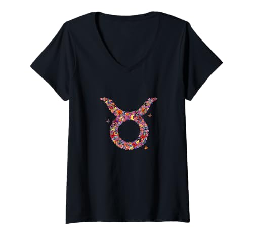Damen Buntes florales Sternzeichen Stier T-Shirt mit V-Ausschnitt Damen Buntes florales Sternzeichen Stier T-Shirt mit V-Ausschnitt von Zodiac Seasons Collection L&S
